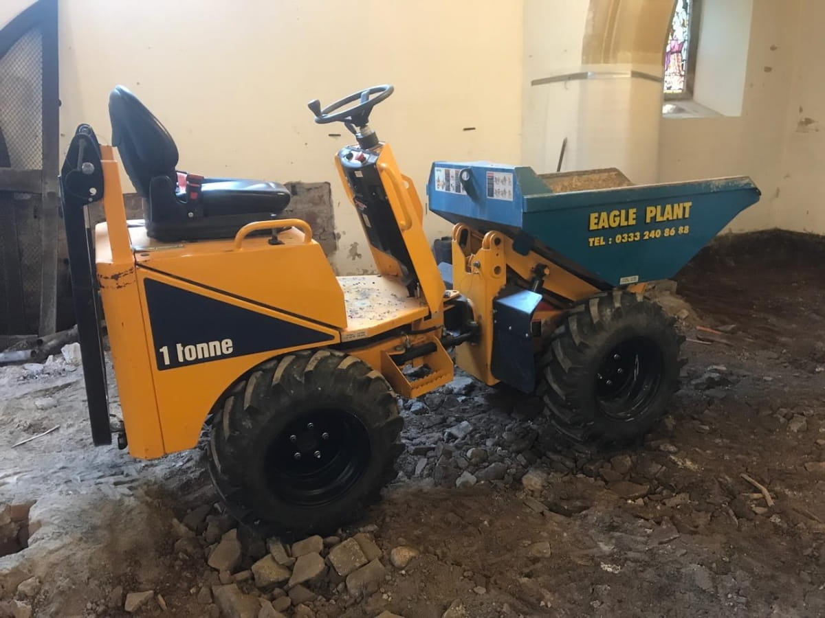 Dump truck inside church